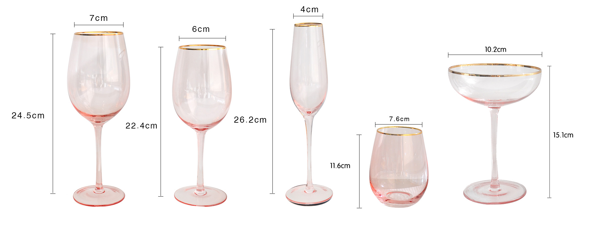 gold rim pink wine glass set