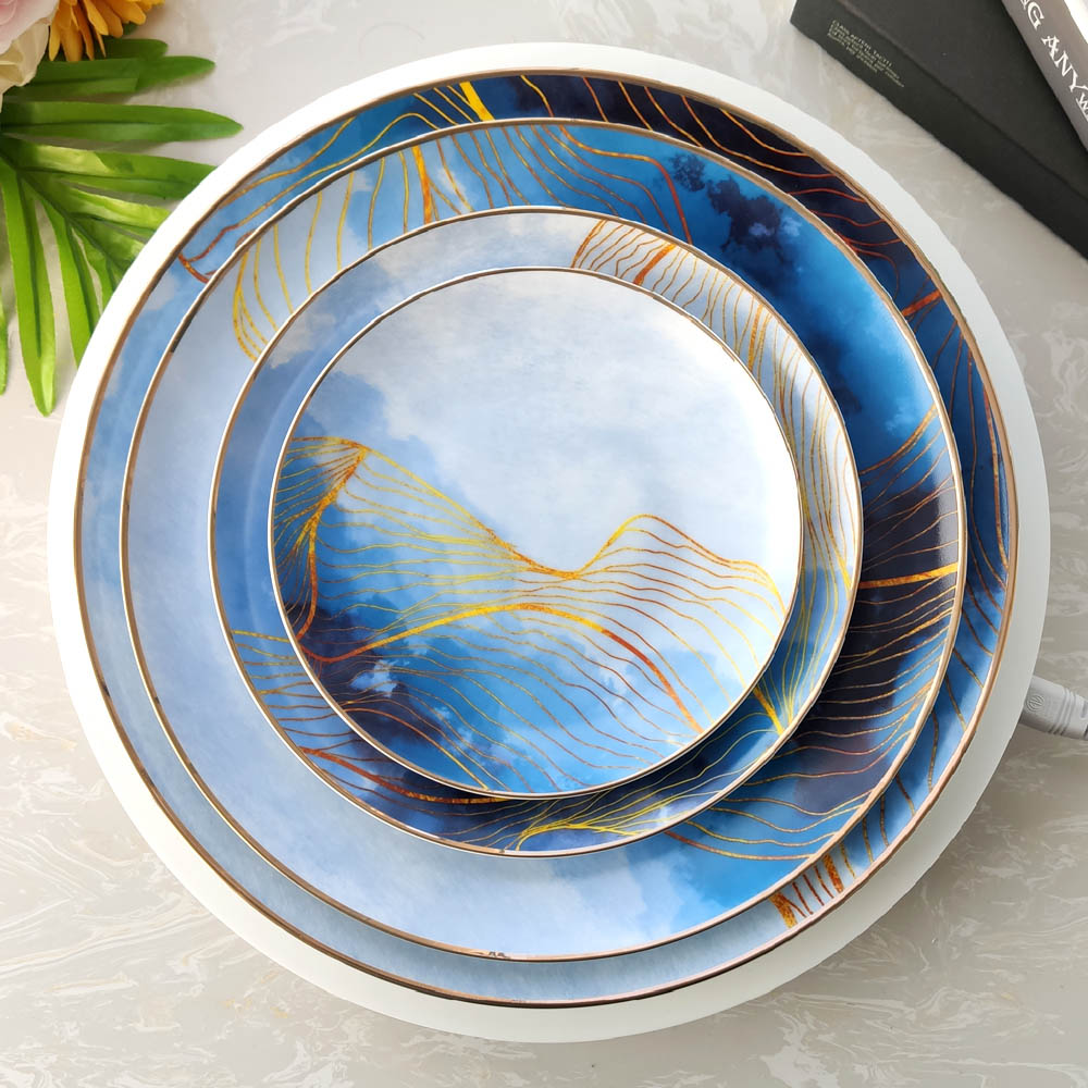 Blue Dining Plate Set With Gold Trim