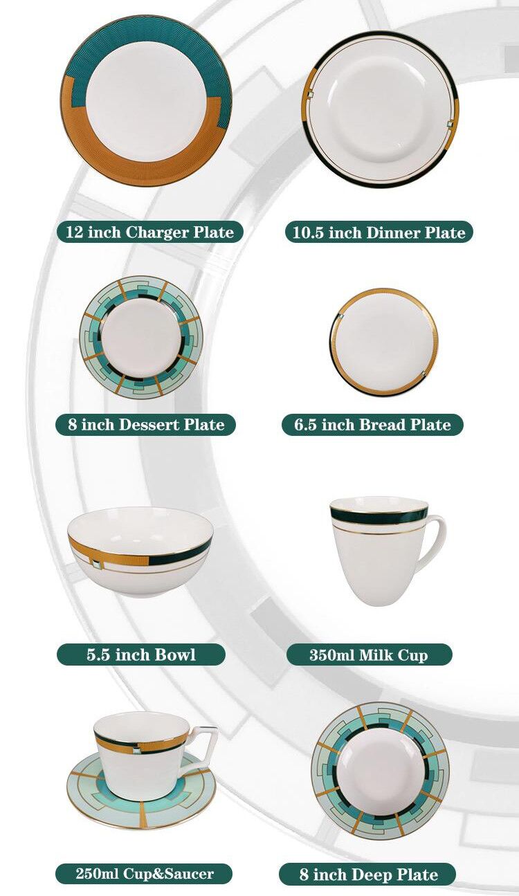 green and gold dinner plates set with soup bowls/cup