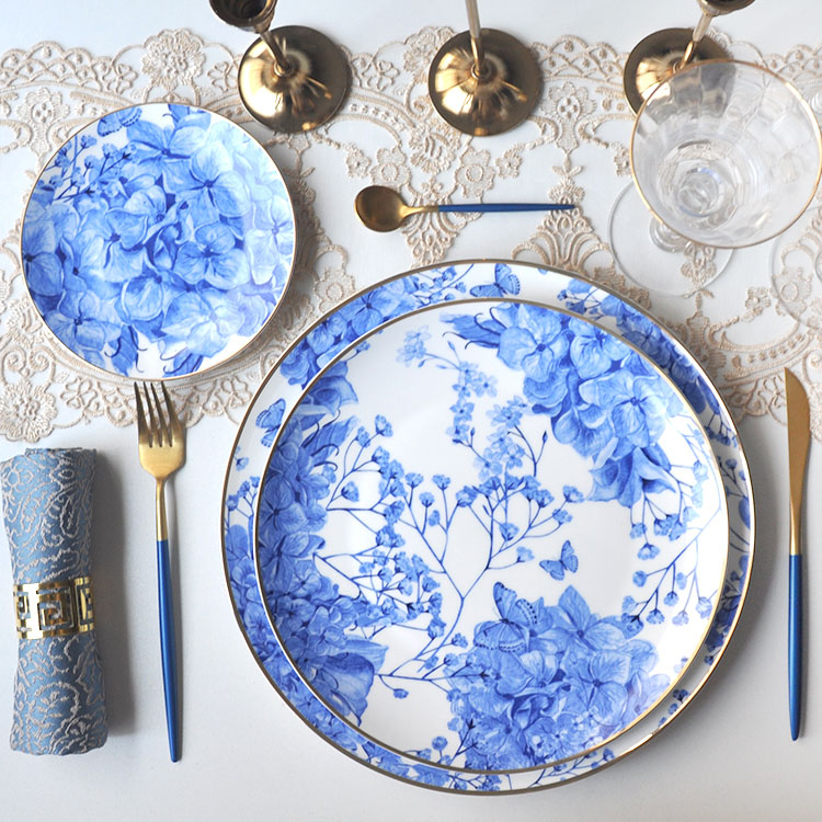 Blue And White Floral Bone China Dinnerware
