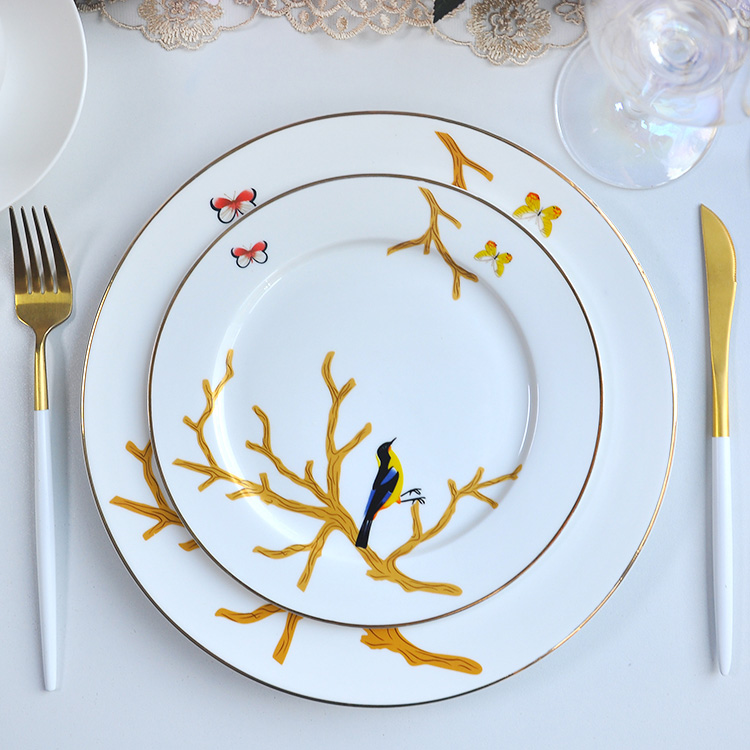 Gold Rim Bird Dining Plates Ceramics Dinnerware