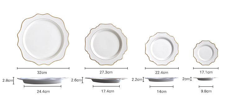 sharp tines gold rim white porcelain dinnerware dining plates set 