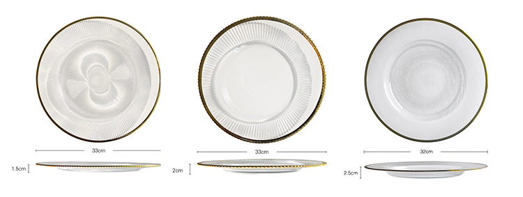 wholesale clear round glass rays charger plates with gold rim