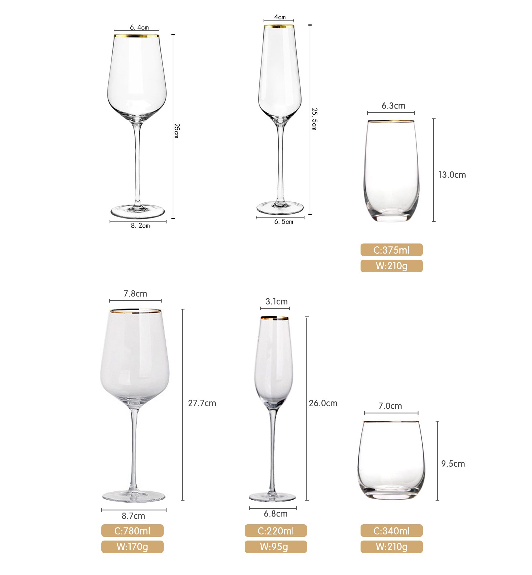 custom clear gold rimmed red wine glasses set