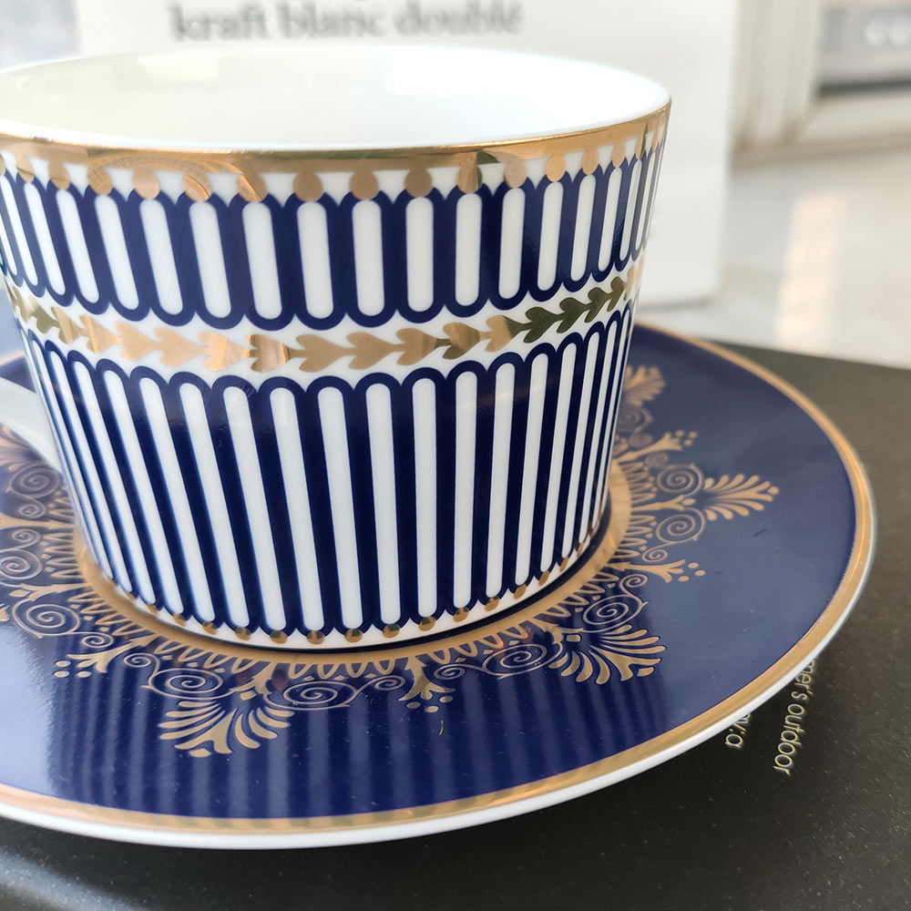 Blue Gold Rim Latte Cups And Saucers