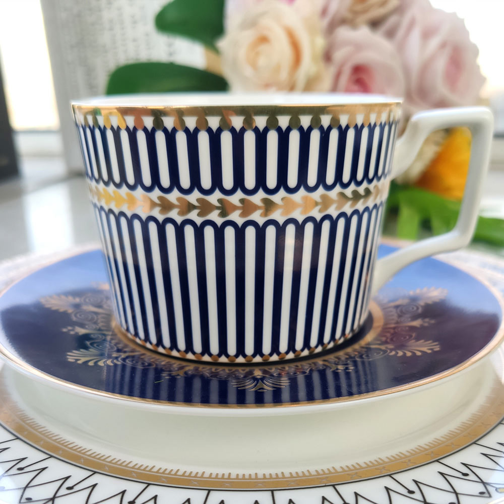 Blue Gold Rim Latte Cups And Saucers