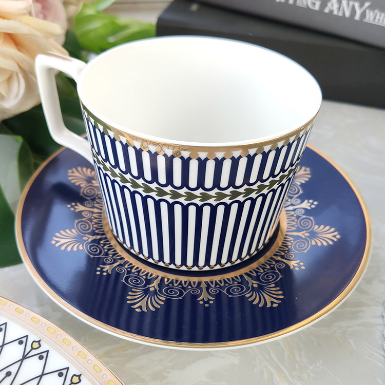 Blue Gold Rim Latte Cups And Saucers