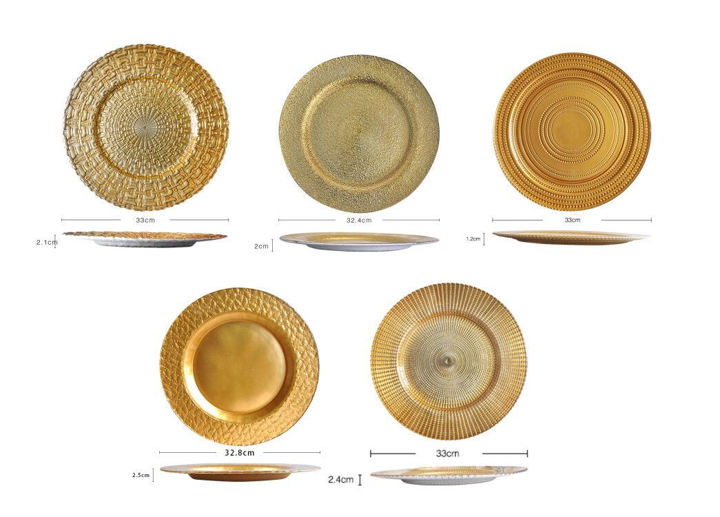 multiple different types glass gold charger plates