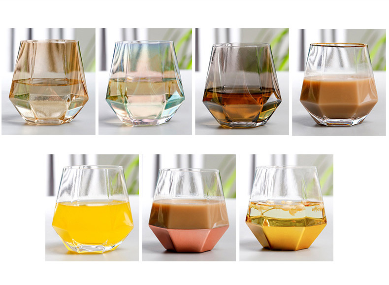 different style colorful flat bottom hexagon round whisky glass