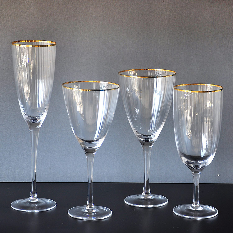 Gold Rim V Shaped Ripple Wine Glasses