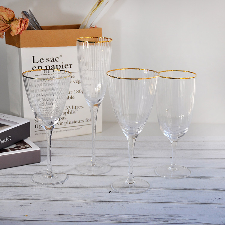 Gold Rim V Shaped Ripple Wine Glasses