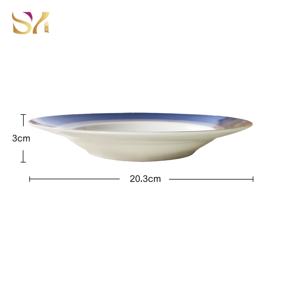 classic blue bone china dinner soup plate with gold rim