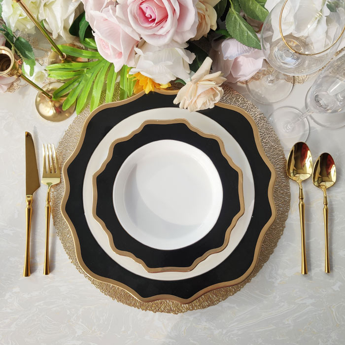 Gold Rim Black Sunflower Porcelain Soup Plates