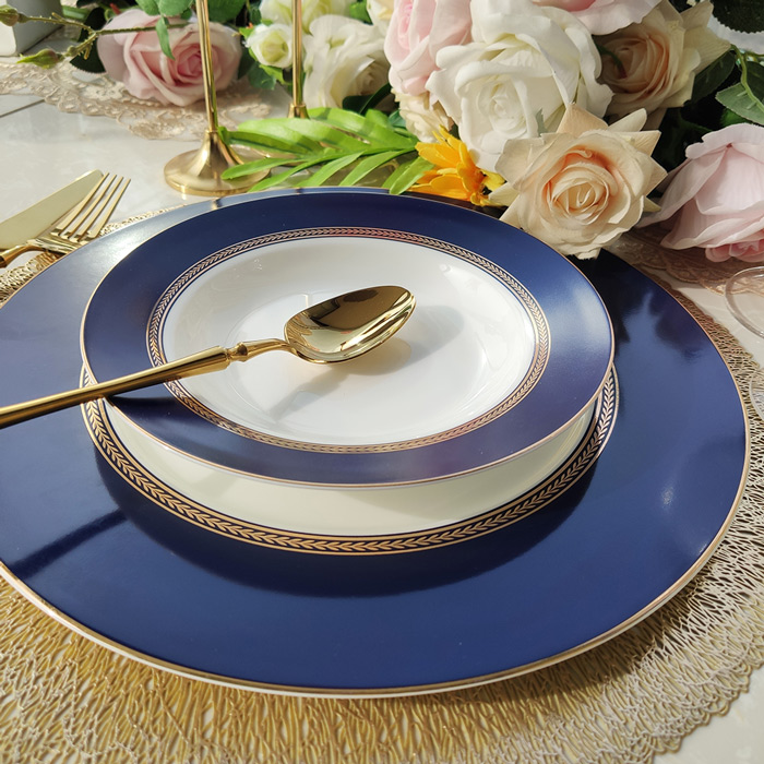 Blue Dinner Soup Plate With Gold Rim