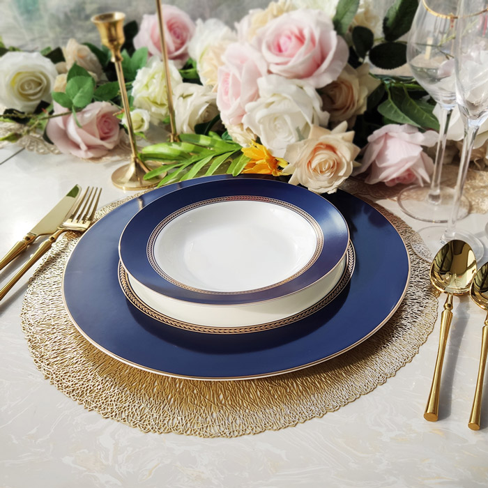 Blue Dinner Soup Plate With Gold Rim