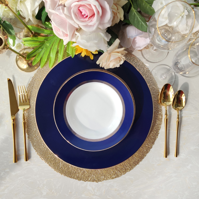 Blue Dinner Soup Plate With Gold Rim