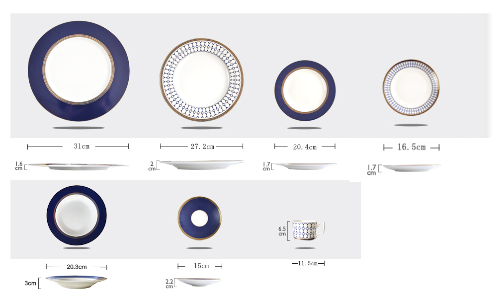 classic blue bone china dinner soup plate with gold rim