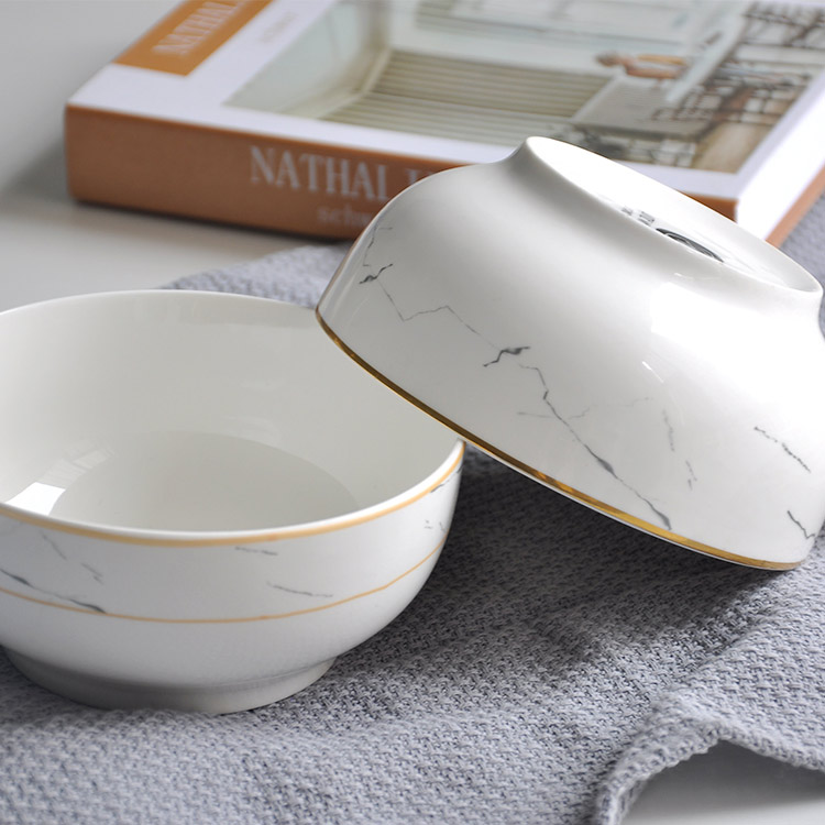 White Gold Rim Marble Pasta Bowls 