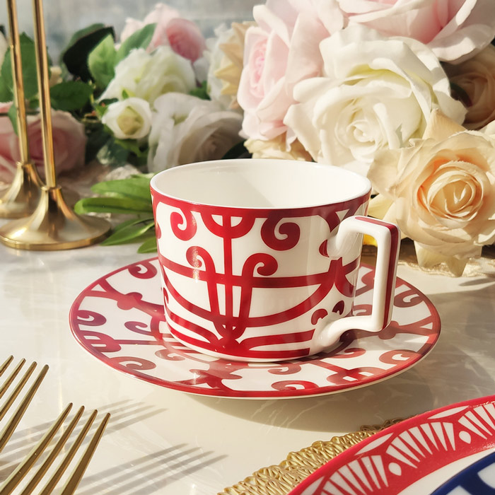 Red Art Deco Coffee Teacups And Saucers