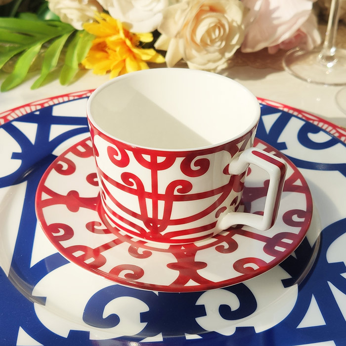 Red Art Deco Coffee Teacups And Saucers