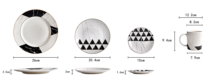 black and white geometric dinnerware plate set with cup