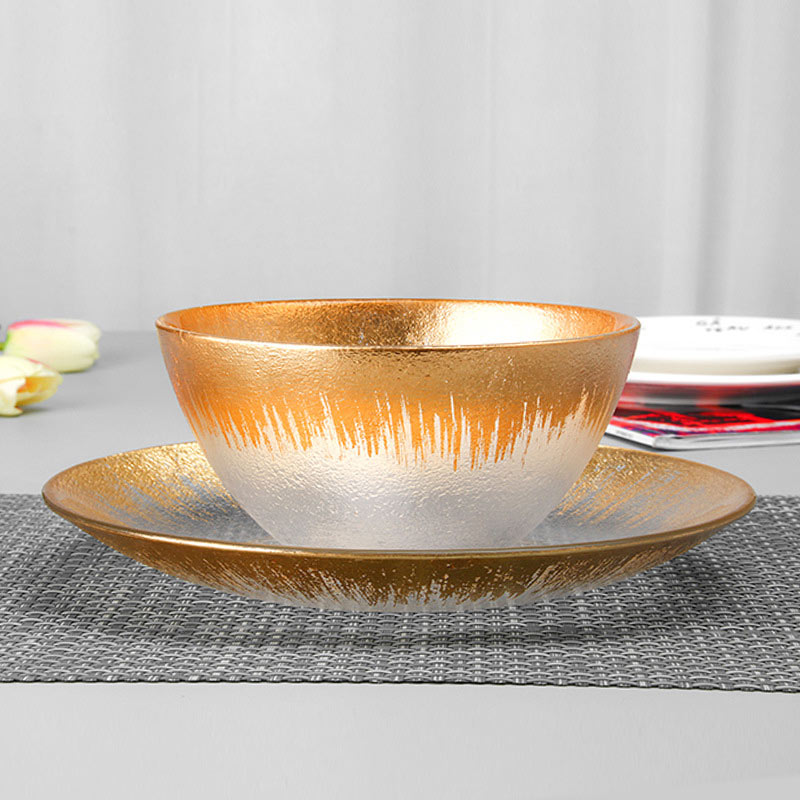 Gold Leaf Rims Glass Plate Set With Bowls