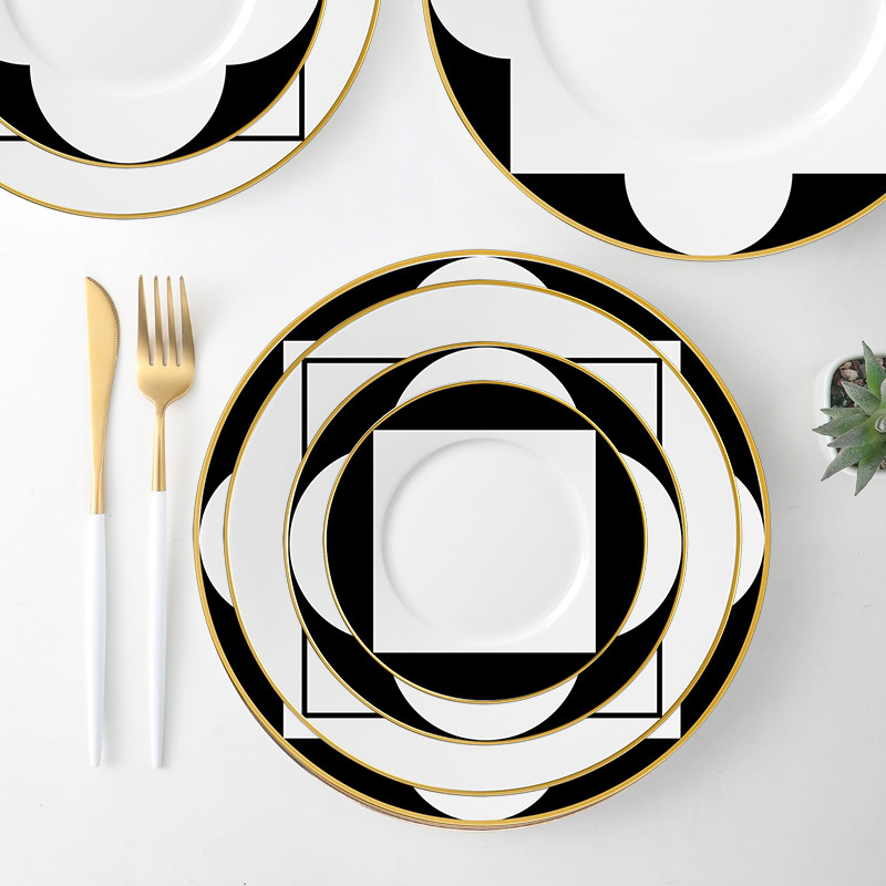 Gold Rimmed Geometric Ceramic Service Set 