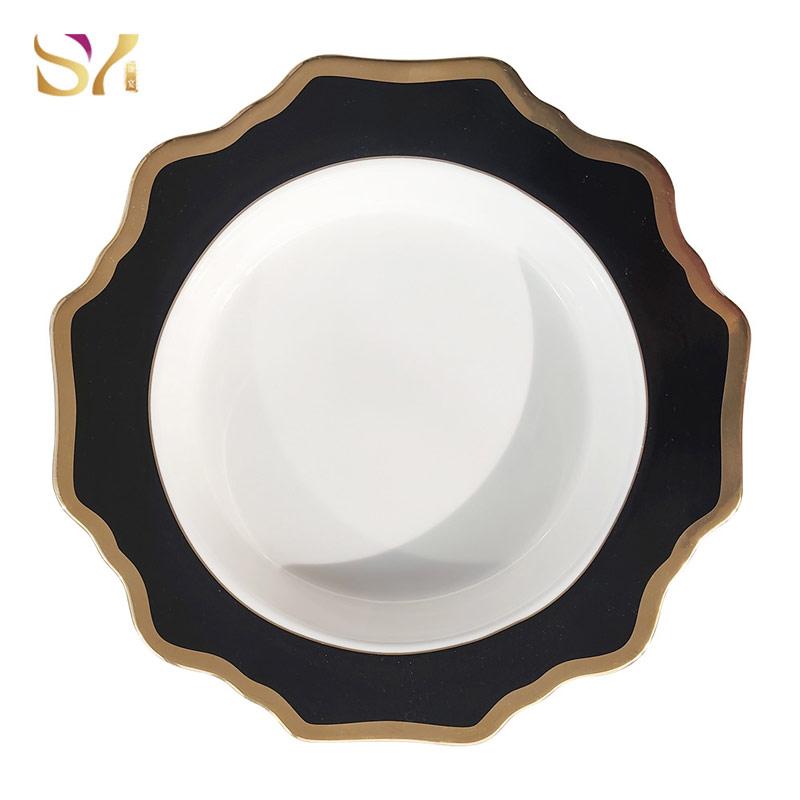 Gold Rim Black Sunflower Porcelain Soup Plates