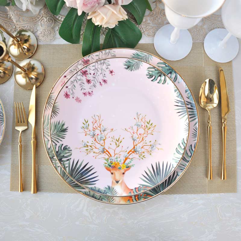 Pink Moose Deer Ceramic Dinner Plates Set