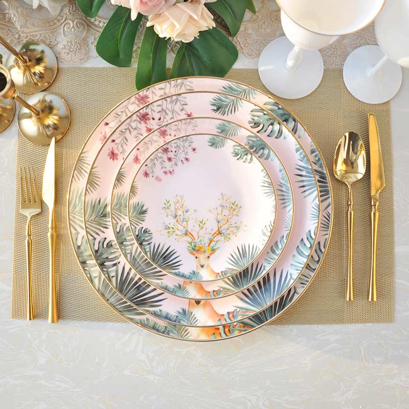 Pink Moose Deer Ceramic Dinner Plates Set