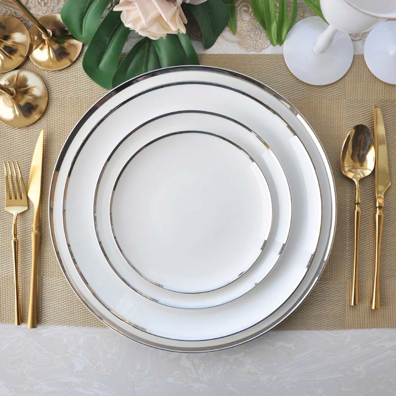 White Silver Rim Ceramic Dinner Plates