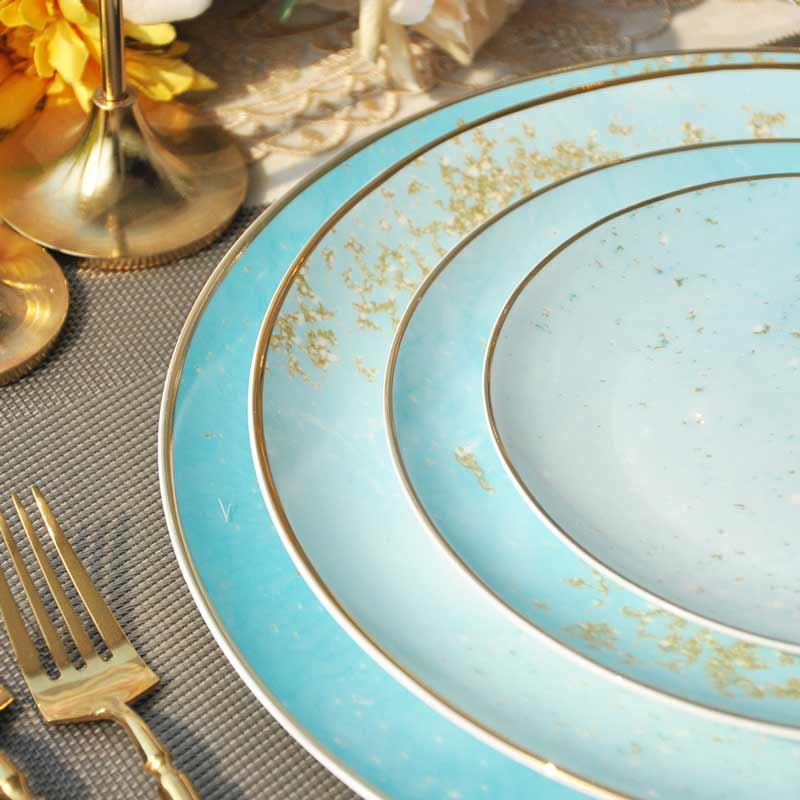 Wedding Blue Ceramic Dinner Set With Gold Rim