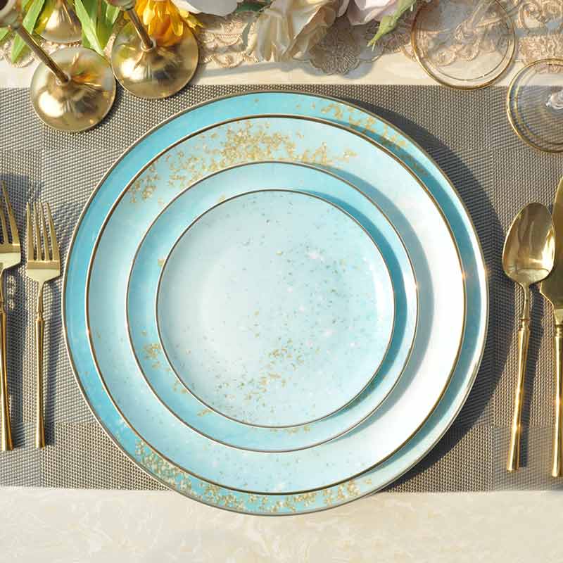 Wedding Blue Ceramic Dinner Set With Gold Rim