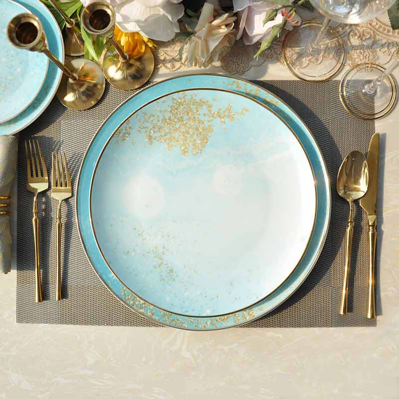 Wedding Blue Ceramic Dinner Set With Gold Rim