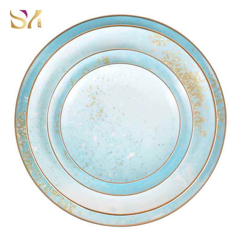 Wedding Blue Ceramic Dinner Set With Gold Rim