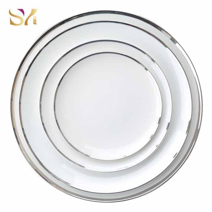 White Silver Rim Ceramic Dinner Plates