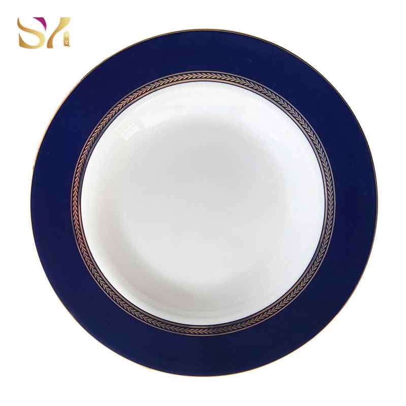 Blue Dinner Soup Plate With Gold Rim