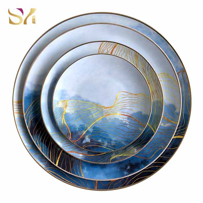 Blue Dining Plate Set With Gold Trim