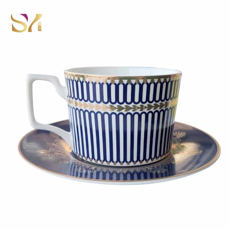 Blue Gold Rim Latte Cups And Saucers