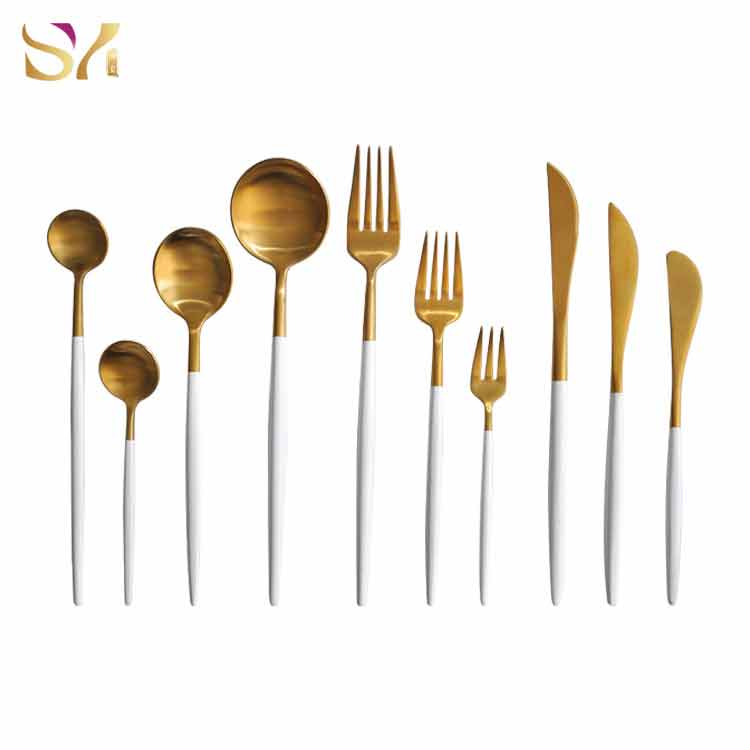 White Handle And Gold Cutlery Flatware Set 