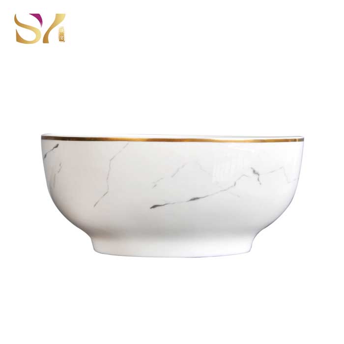 White Gold Rim Marble Pasta Bowls 