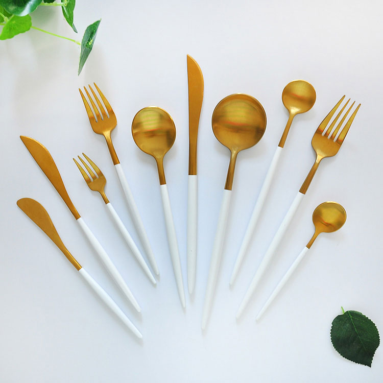 White Handle And Gold Cutlery Flatware Set 