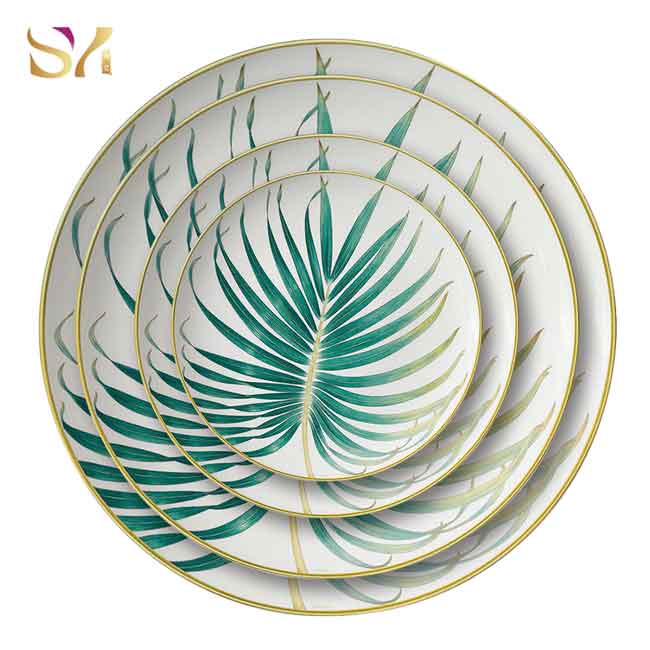 Green Palm Leaf Ceramic Dinner Plates