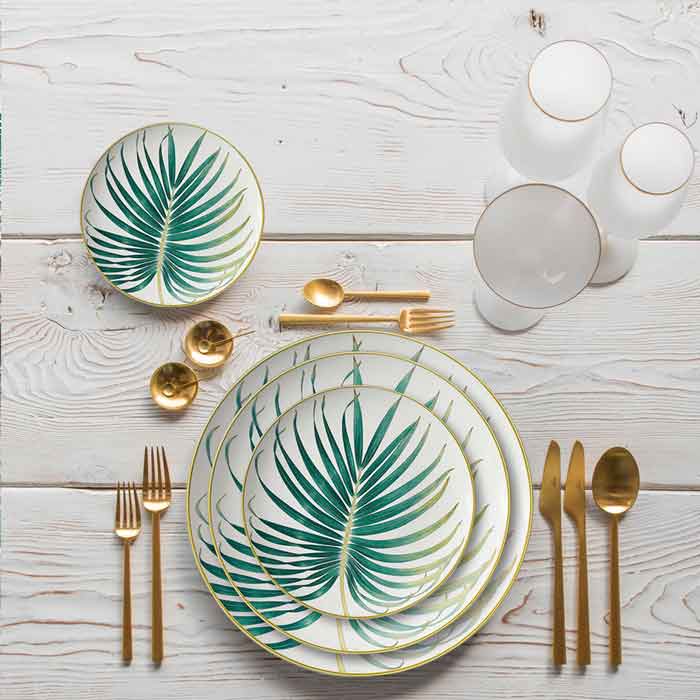 Green Palm Leaf Ceramic Dinner Plates