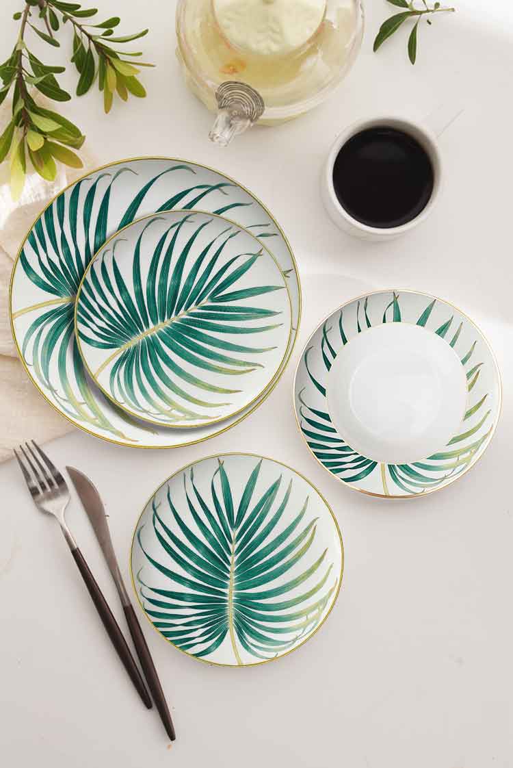  green palm leaf ceramic dinner plates