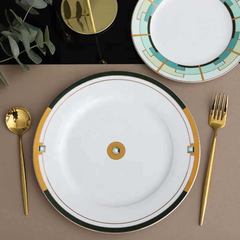Green And Gold Plates Set With Soup Bowl