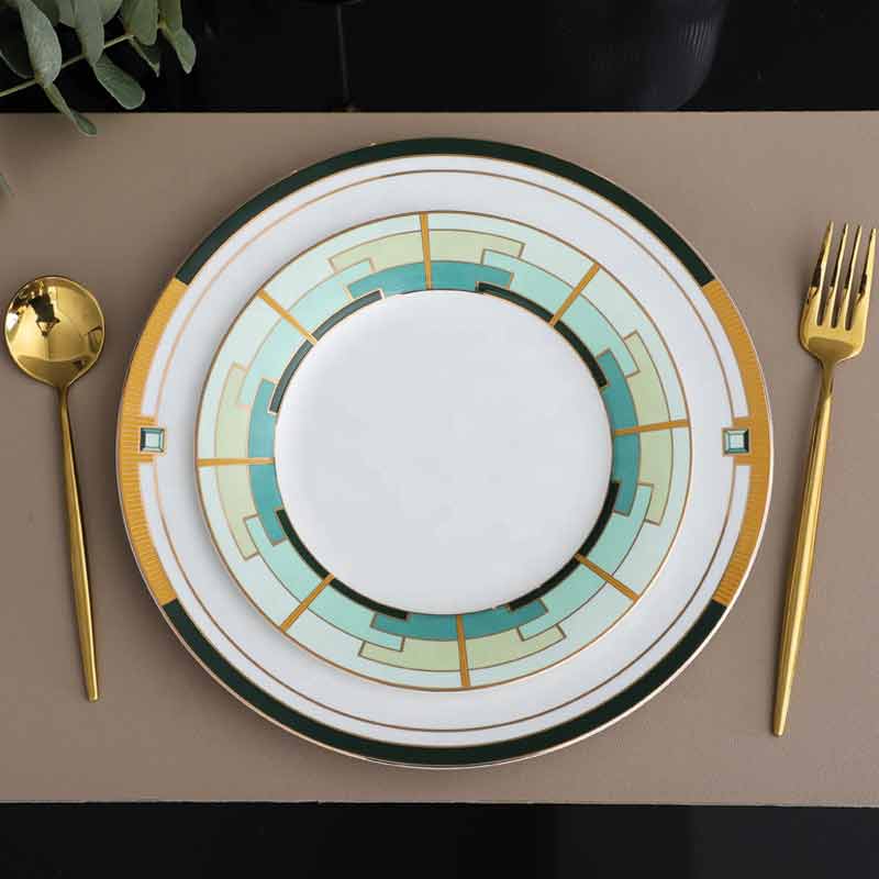Green And Gold Plates Set With Soup Bowl