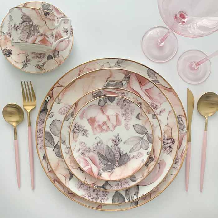 Pink Flower China Dinnerware Dishes Set