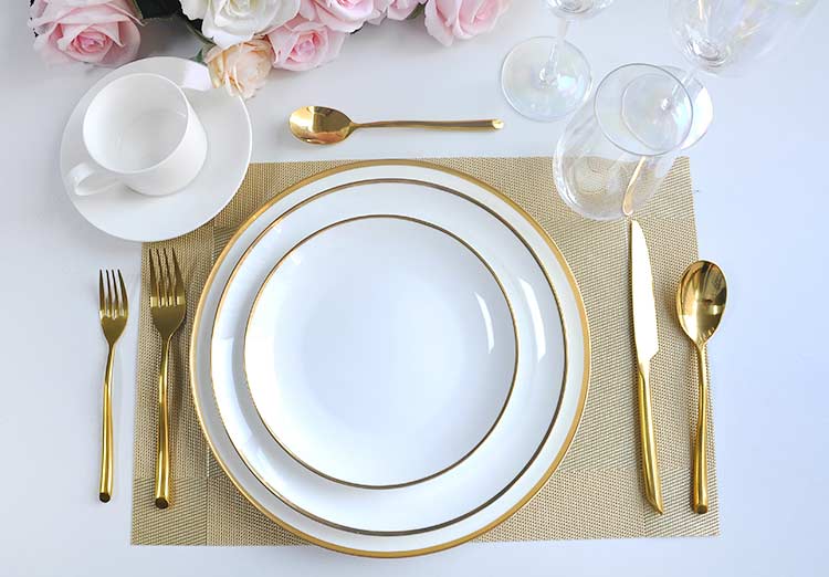 gold rim white bone china dinner set
