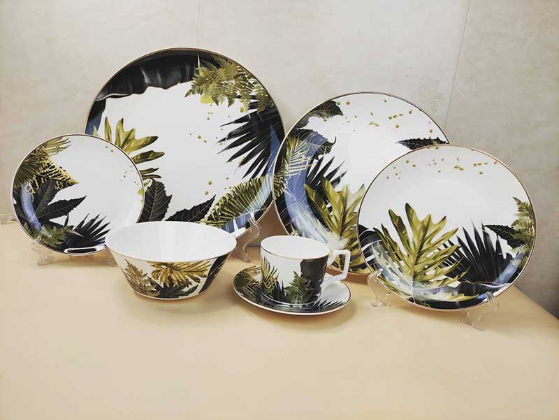 Green And Gold Leaves Dinner Dishes Set 